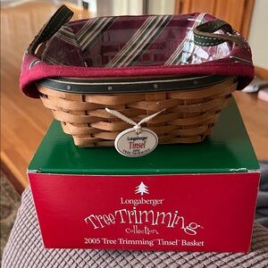 Longaberger Red & Natural 2005 “Tinsel”Basket with Striped Liner
